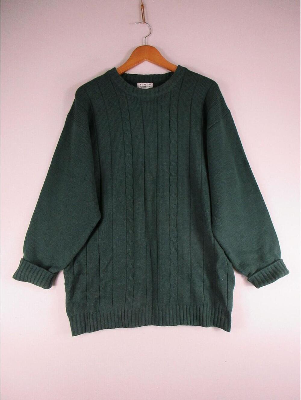 Ron Chereskin Sweater Mens XL Green Cable Knit Crewneck Pullover Acrylic Cozy